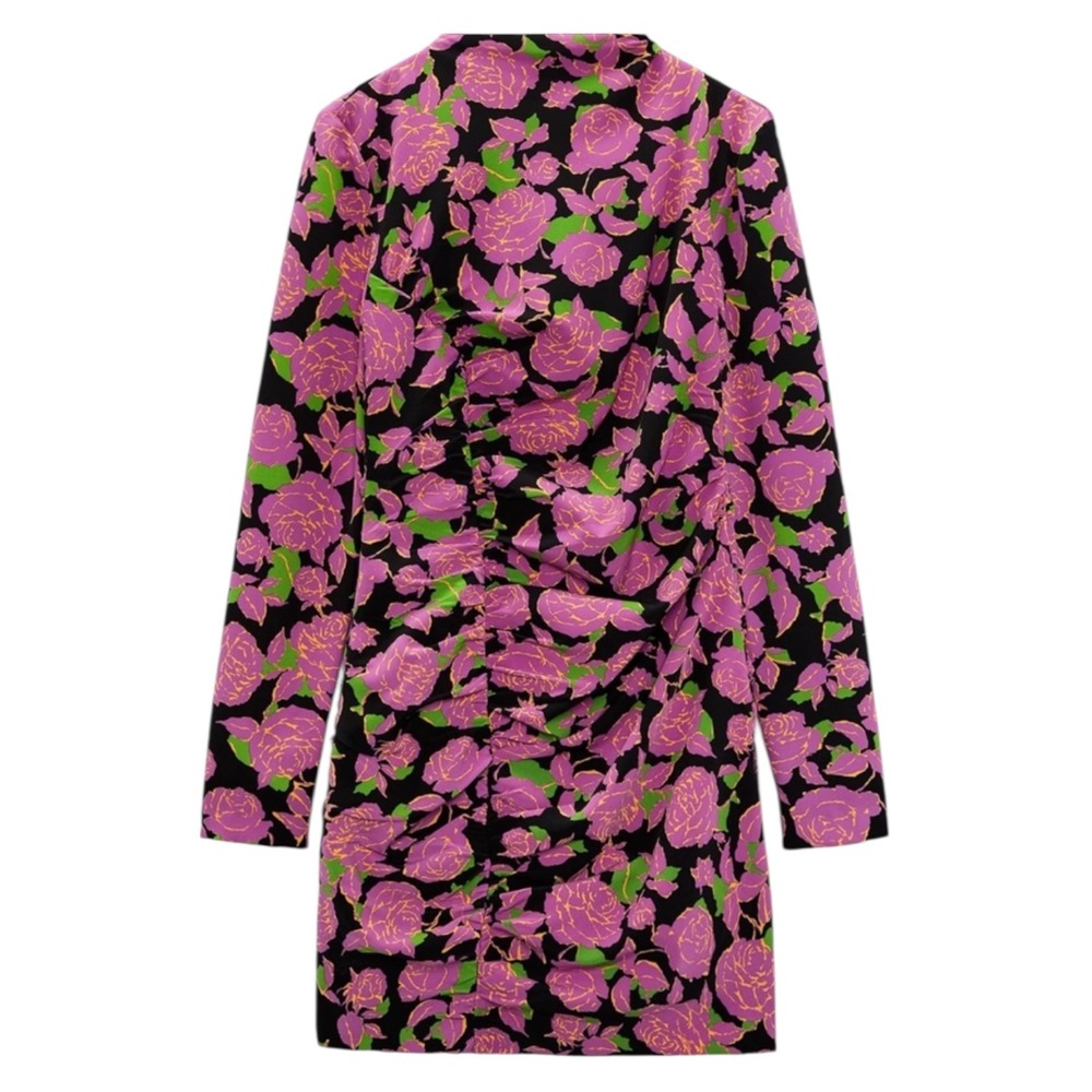 Zara Womens XXL Black Pink Floral Rose Ruched V-Neck Long Sleeve Mini Dress NWT